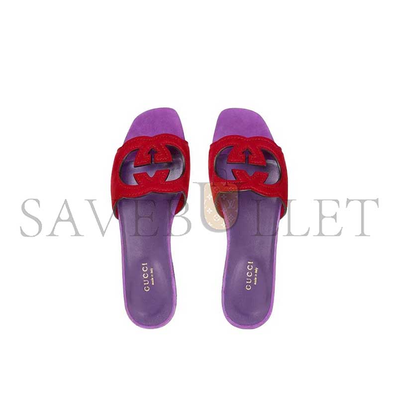 GUCCI INTERLOCKING G CUT SLIDE SANDAL RED PURPLE SUEDE 694451